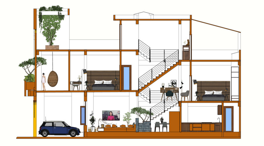 Nhà 3 tầng lệch 5m