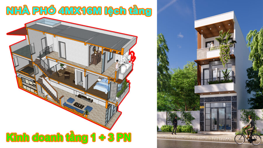 Nhà phố 4m x 16m lệch tầng
